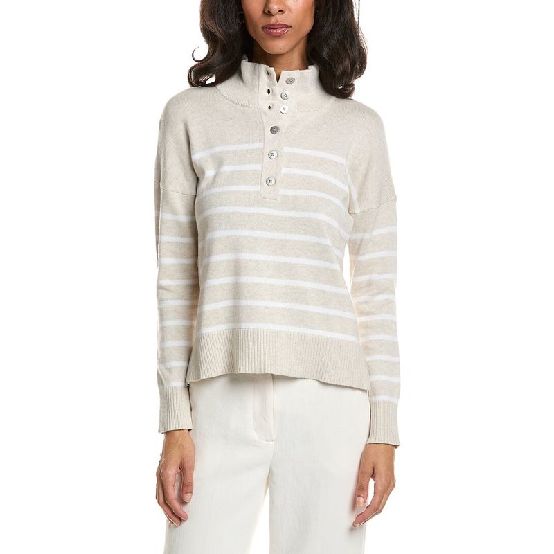 Forte Womens Stripe Button Mock Neck Sweater, White